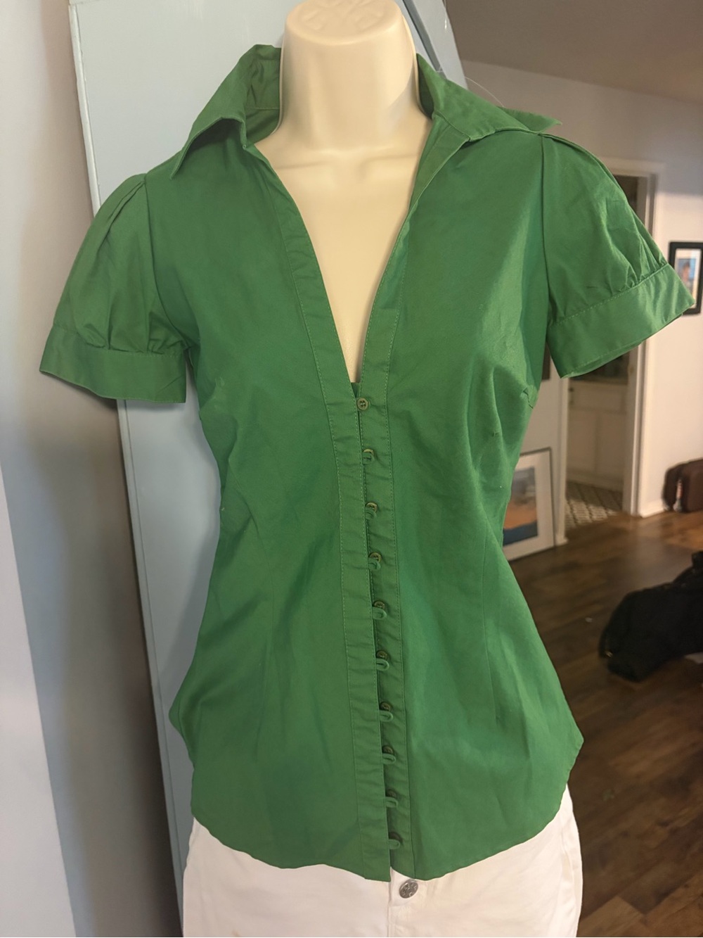 Zara Emerald Green Short-Sleeve Button-Down Shirt - XS